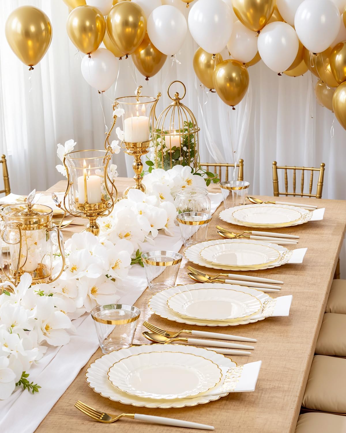 Ciaell 175 PCS Ivory Scalloped Plastic Plates with Gold Trim - Gold Plastic Silverware with Handle - Fancy High-end Dinnerware Sets for Wedding & Showers & Party & Thanksgiving (25 Guests)