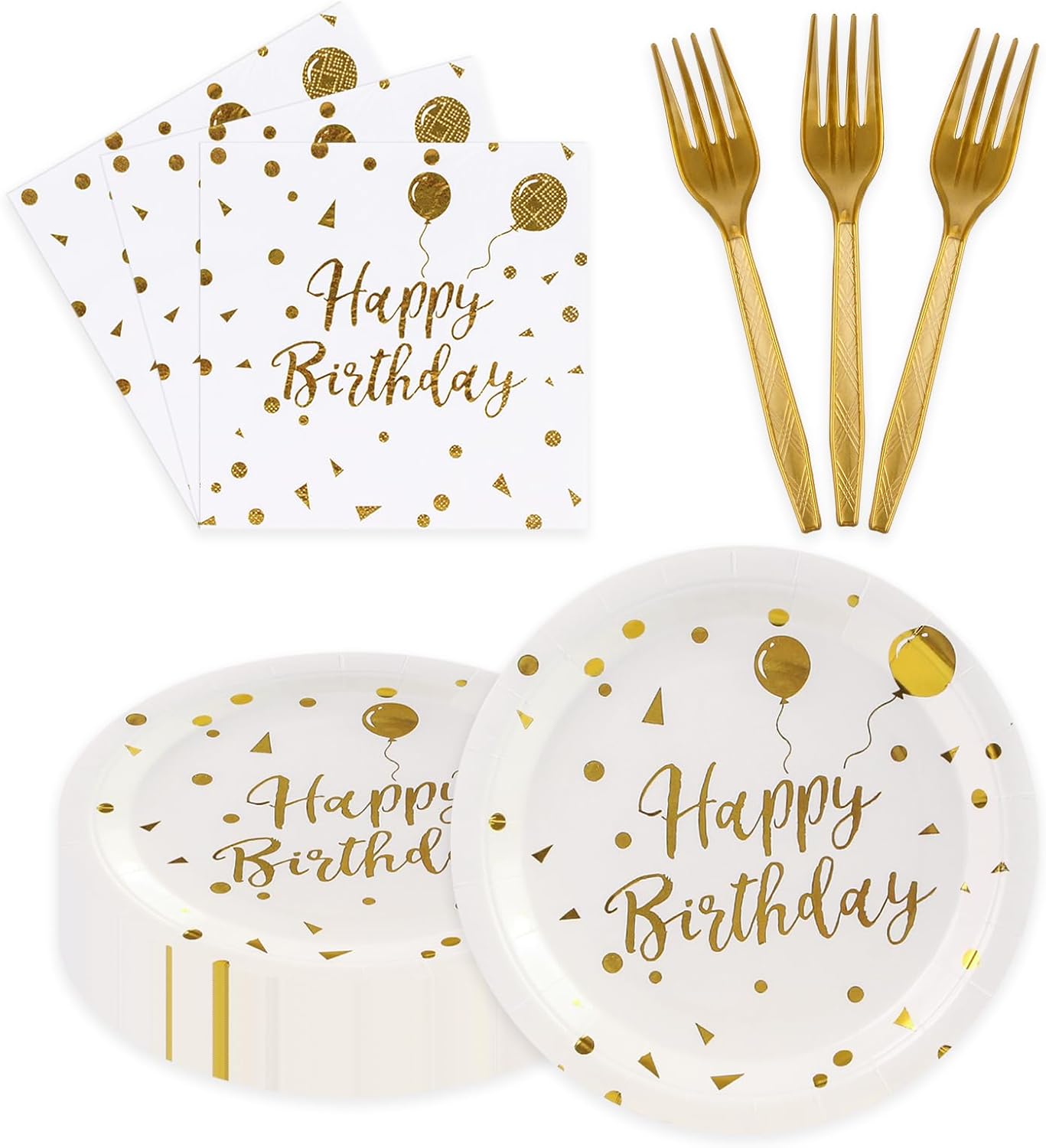 90PCS Happy Birthday Plates and Napkins Party Supplies, Disposable White Gold Dot Dessert Paper Plates Napkins with Forks Tableware Set Party Decorations for Girl Women Birthday Parties