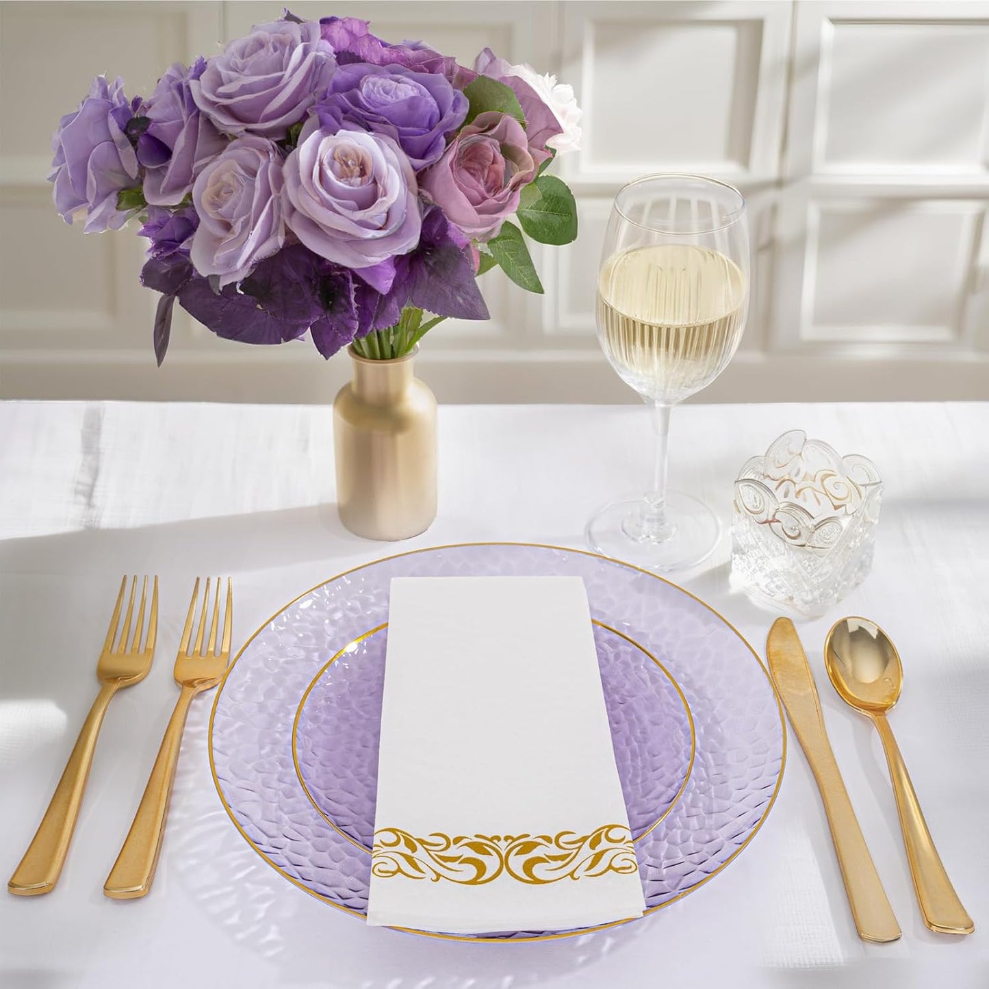 DaYammi 175PCS Clear Purple and Gold Plastic Dinnerware Set for Halloween, Hammered Disposable Plates for Party, Include: 25 Dinner Plates, 25 Dessert Plates, 75 Gold Silverware, 25 Napkins, 25 Cups