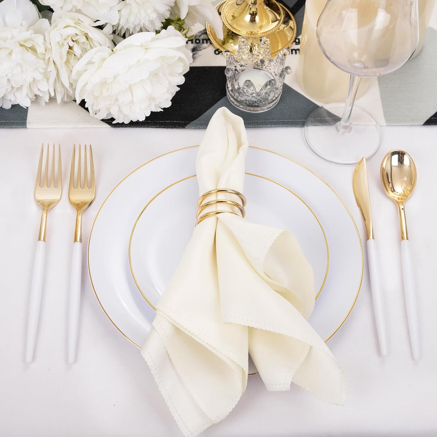 DaYammi 30 Guests Gold Plastic Plates with Disposable Silverware,Gold Cutlery with White Handle,White Golden Disposable Dinnerware:60 Dinner/Dessert Plates,90 Plastic Silverware Set for Wedding Party