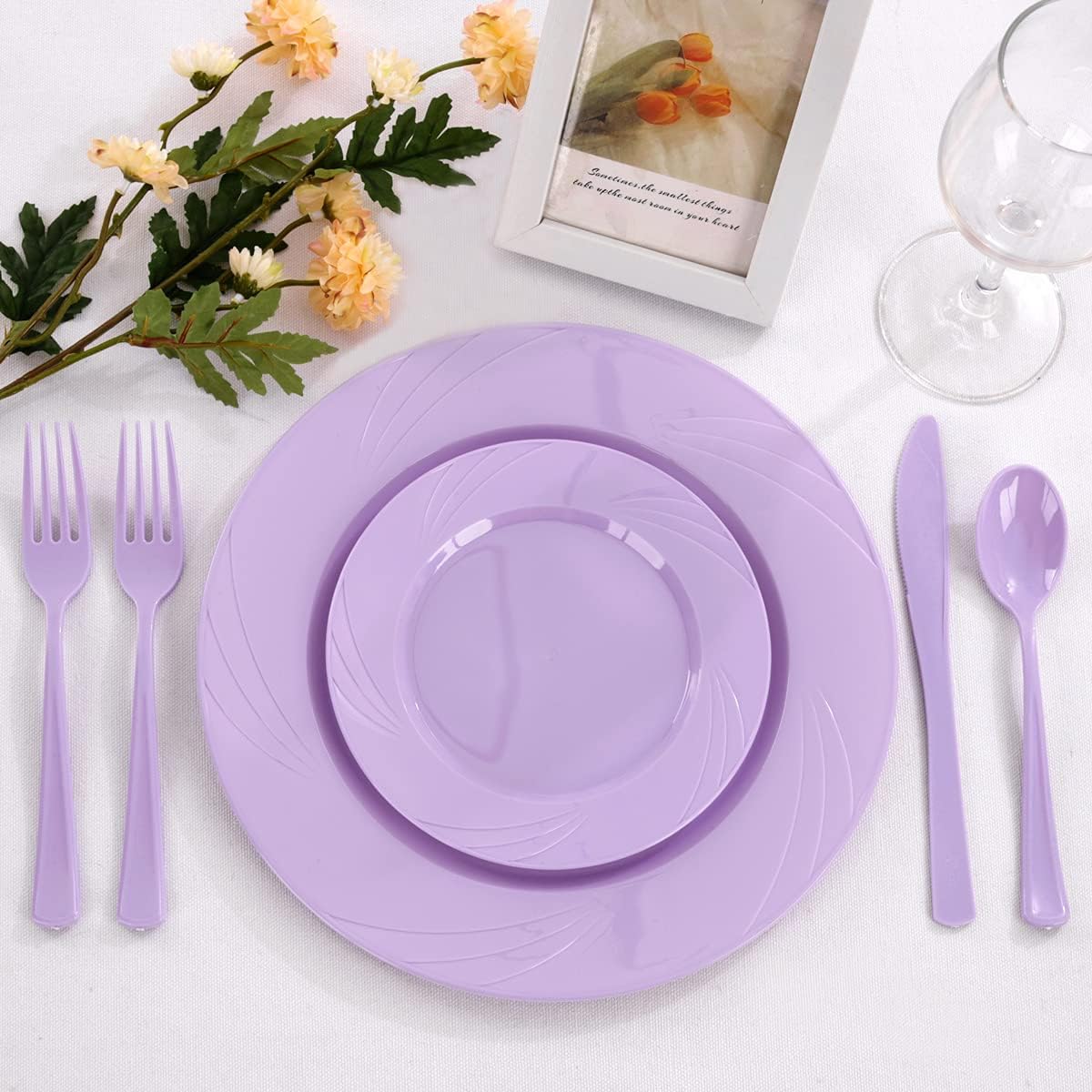 YOUBET 125PCS Purple Plastic Plates - Lavender Plate - Purple Plastic Silverware - Include 50 Dinner & Dessert Plates 25 Forks 25 Knives 25 Spoons for Wedding Birthday Parties