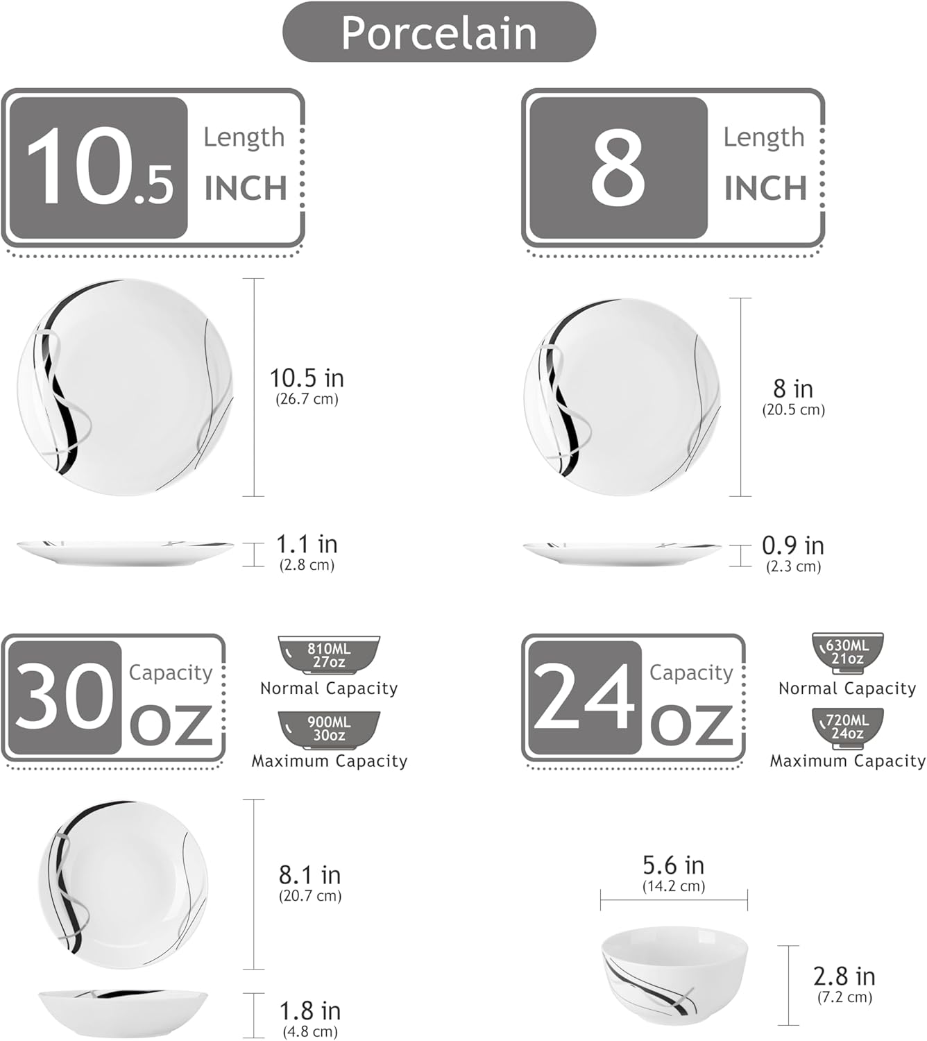 VEWEET Porcelain Dinnerware Sets for 6, 24 Pieces Plates and Bowls Set with Black and Grey Ribbon Lines, Dishes Set Dining Ware for Dinner, Microwave and Dishwasher Safe, Series FIONA