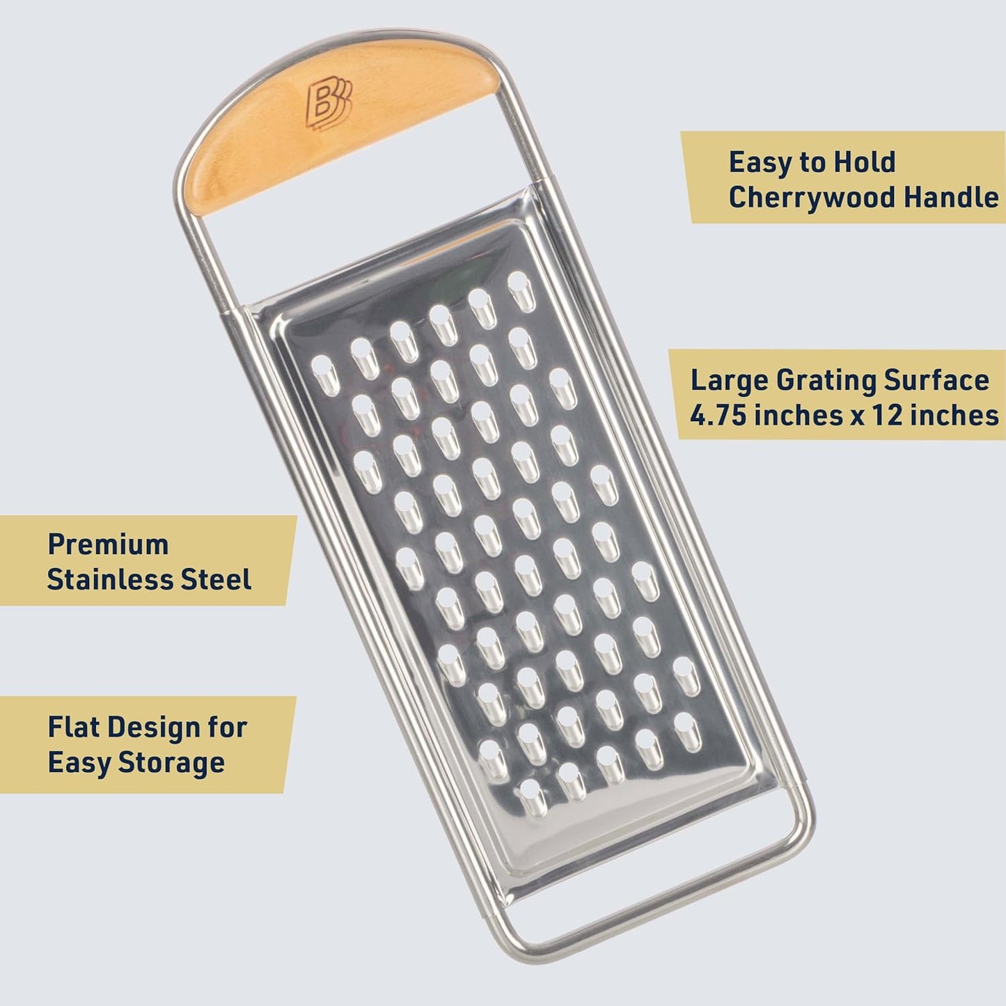 Cheese Grater Handheld - Stainless Steel Flat Food Grater with Cherrywood Handle - Coarse Shredder Kitchen for Medium-Hard Cheese and Vegetables - Italian Made Kitchen Gadgets by Kings County Tools