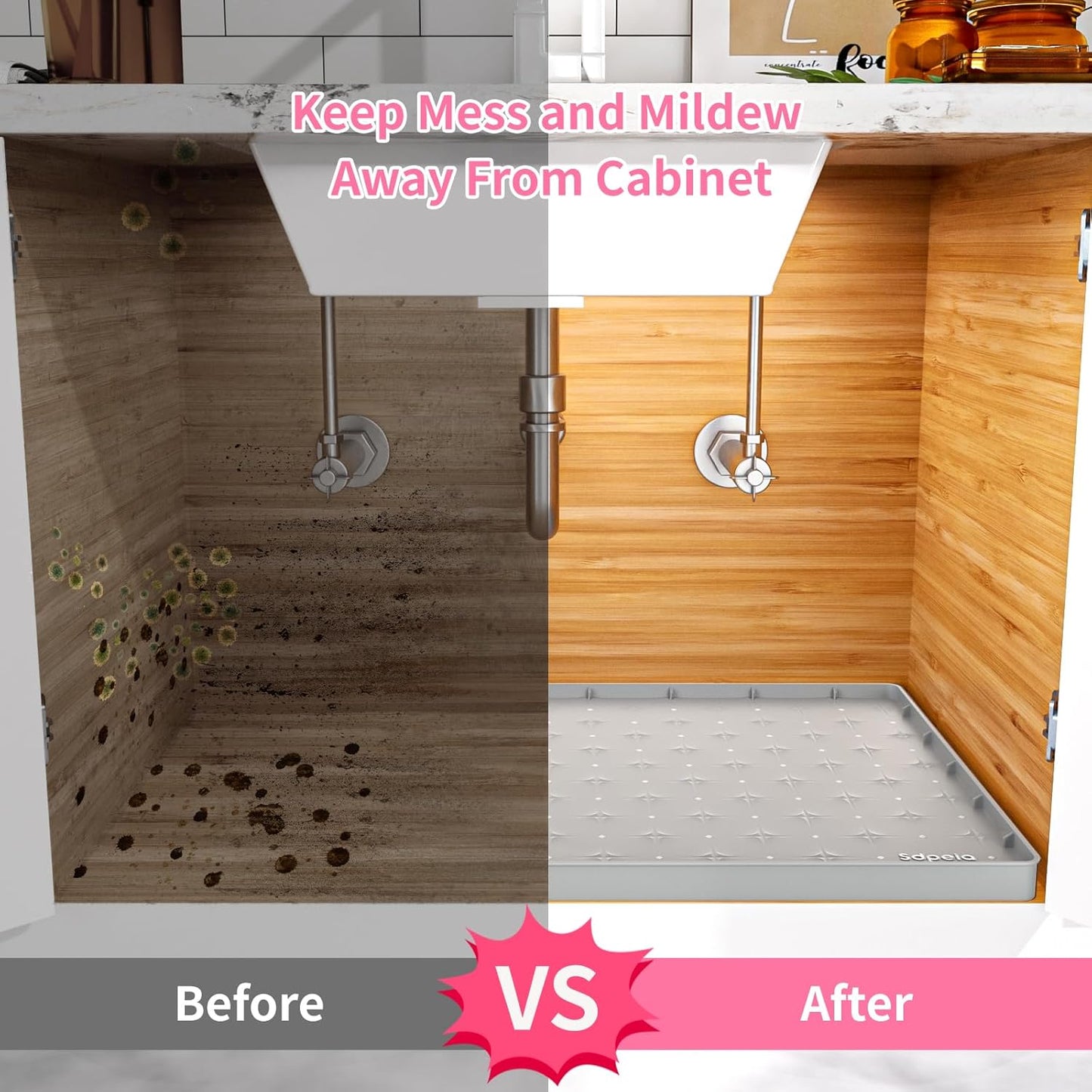 Sdpeia Under Sink Mat for [25" x 19"] Cabinet, Upgraded Silicone Waterproof Mat Kitchen Cabinet Liner Cabinet Protector Kitchen Organizers and Storage