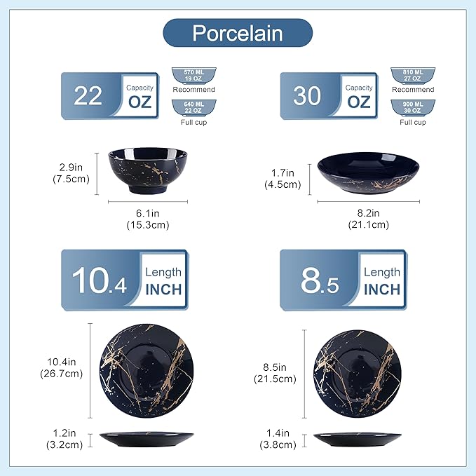 LOVECASA Plates and Bowls Sets for 6, 24 Pieces Porcelain Dinnerware Sets, Dark Blue and Gold Dish Set Gold Splash Dishware Sets, Dishwasher Microwave Safe