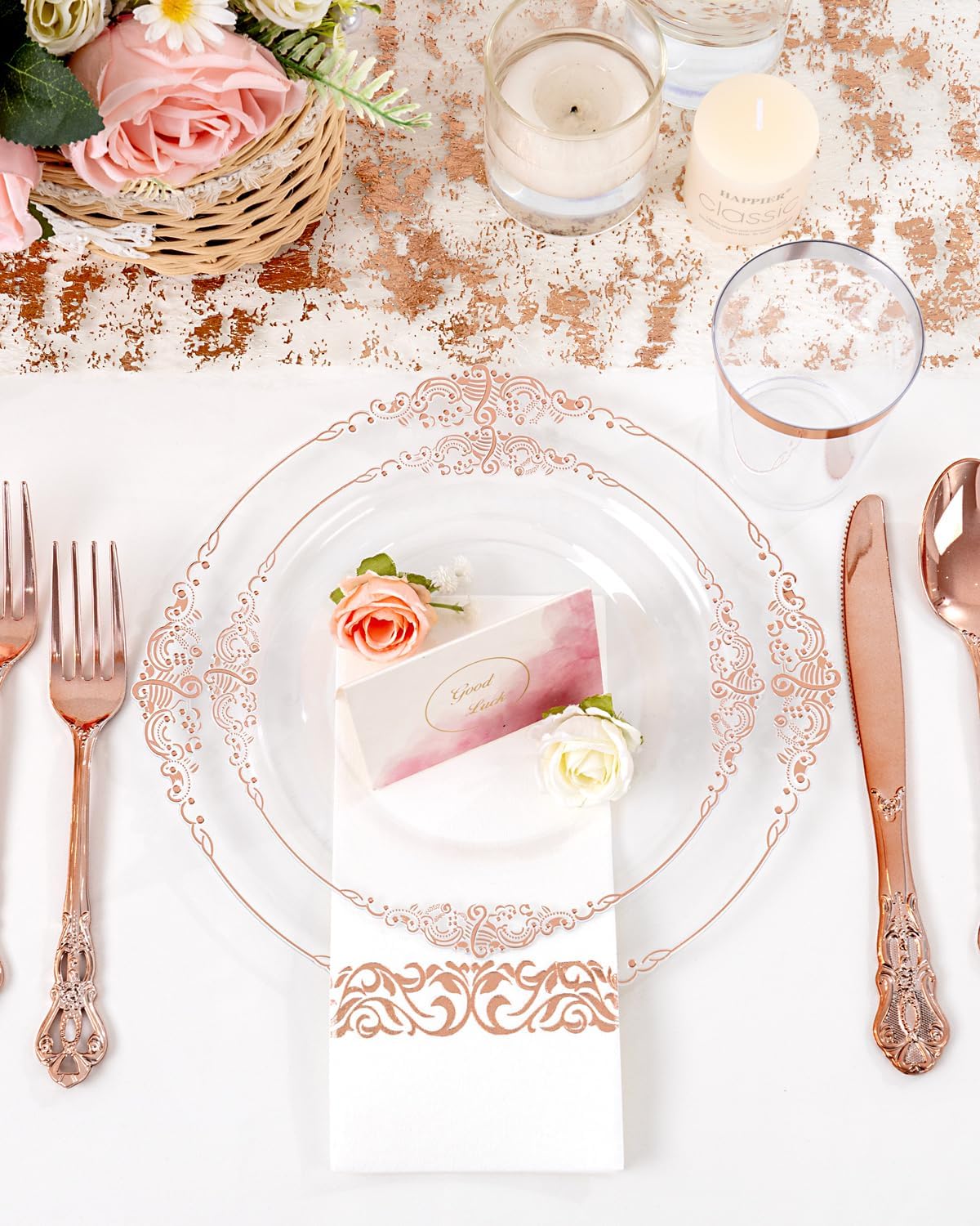 YOUBET 700PCS Rose Gold Plastic Plates - Clear Rose Gold Plastic Dinnerware Set Include 200 Disposable Plate, 300 Heavy Duty Silverware, 100 Cups, 100 Napkins for Wedding & Party & Baby Shower