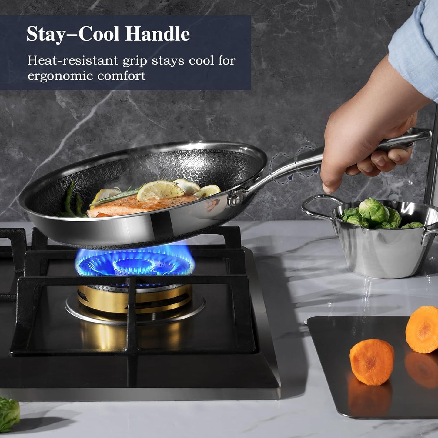 12 Inch Nonstick Frying Pan with Lid, Stainless Steel Skillet with Honeycomb Surface, Induction Compatible, Oven & Dishwasher Safe, PFAS-Free Cookware