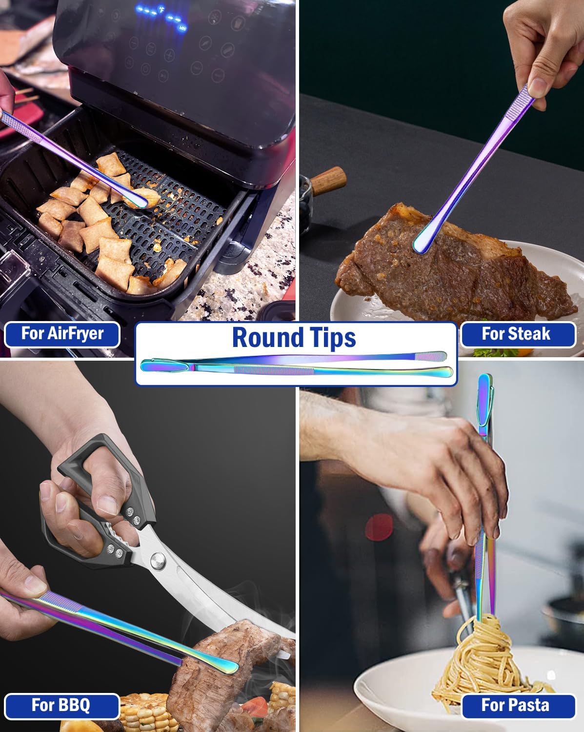 JETKONG 4 Pcs Kitchen Tweezers, 12'' and 10'' Stainless Steel Cooking Tweezers Set, High-Precision Tweezers Tongs for Cooking, Repairing, Seafood and BBQ (Rainbow)