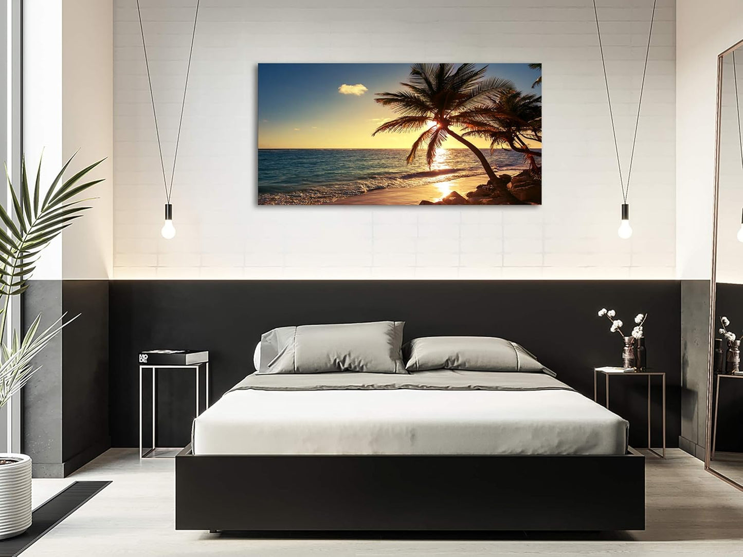 Muolunna S04962 Wall Art Decor Large Canvas Print Picture Sunset Ocean Beach Waves 1 Panel Coconut tree Scenery Painting Artwork for Office Home Decoration Stretched and Framed Ready to Hang XLarge