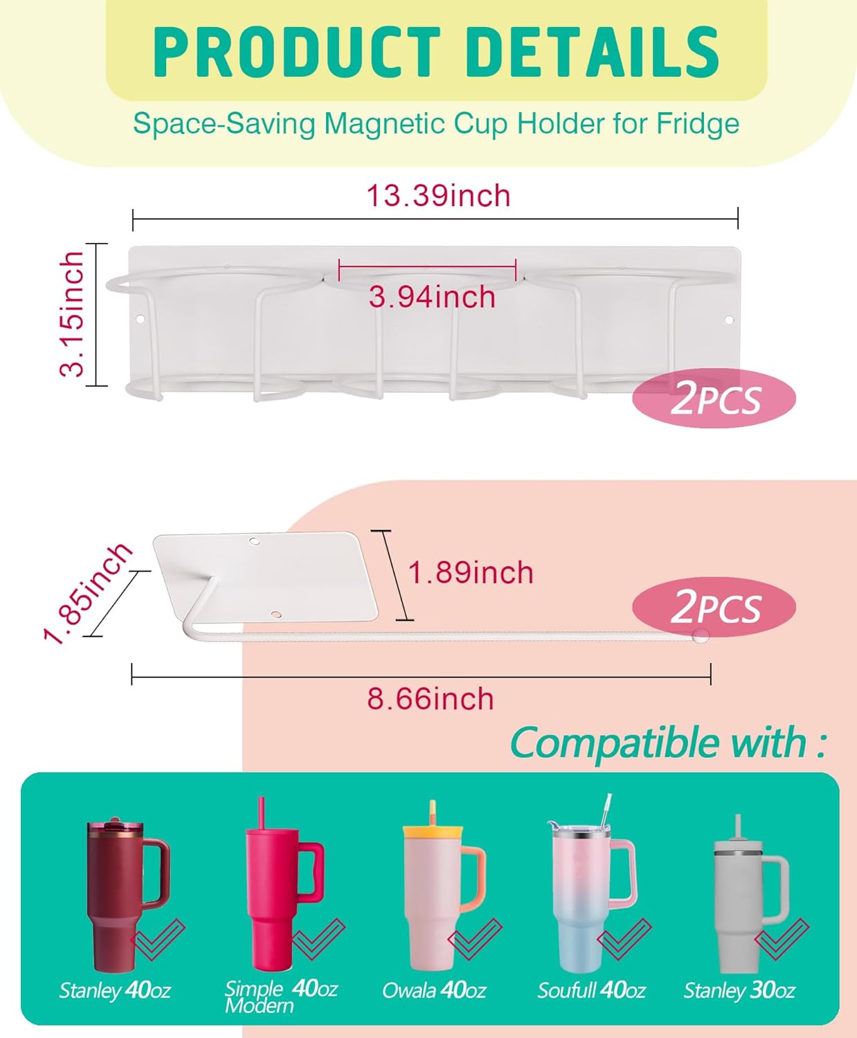 Magnetic Tumbler Holder for Stanley, Magnetic Cup Organizer for Refrigerator, Compatible with Stanley 30oz & 40oz Tumblers, Water Bottle Magnetic Rack (White, 6 Tumblers& 2 Lid Holder)