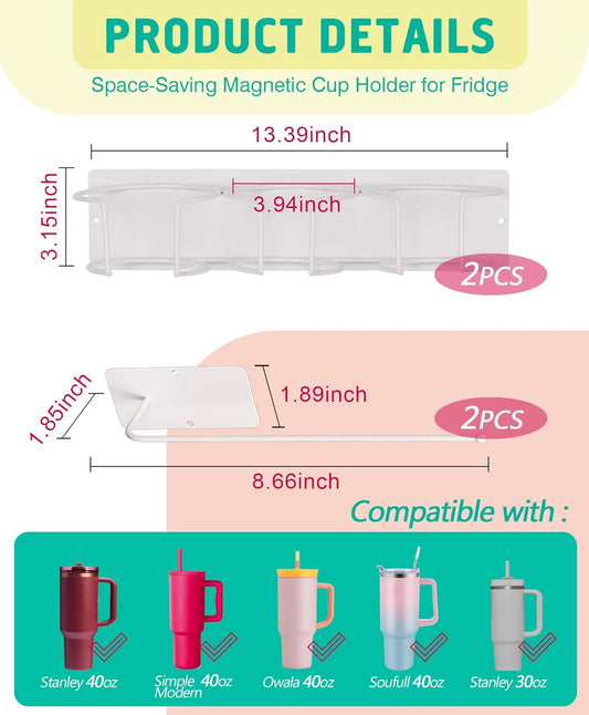Magnetic Tumbler Holder for Stanley, Magnetic Cup Organizer for Refrigerator, Compatible with Stanley 30oz & 40oz Tumblers, Water Bottle Magnetic Rack (White, 6 Tumblers& 2 Lid Holder)