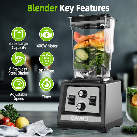 OMMO Blender for Smoothies: 1800W Peak Blenders for Kitchen, 68oz BPA-Free Pitcher, Timer & Speed Control, 6 Stainless Steel Blades, Dishwasher Safe Blender for Ice Crush/Smoothies/Frozen Drinks/Grey