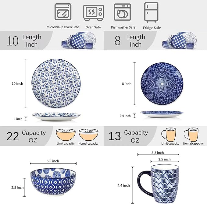 Selamica Ceramic Dinnerware Sets for 4, 16 Pieces Dishes Set, Scratch Resistant Plates and Bowls Sets, Microwave and Dishwasher Safe (Vintage Blue) A
