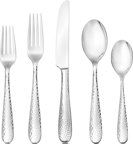 Hudson Essentials Premium 40 Piece Hammered Silverware Set, 18/10 Stainless Steel, Fine Flatware Service for 8 -Dishwasher Safe Bergamo Cutlery