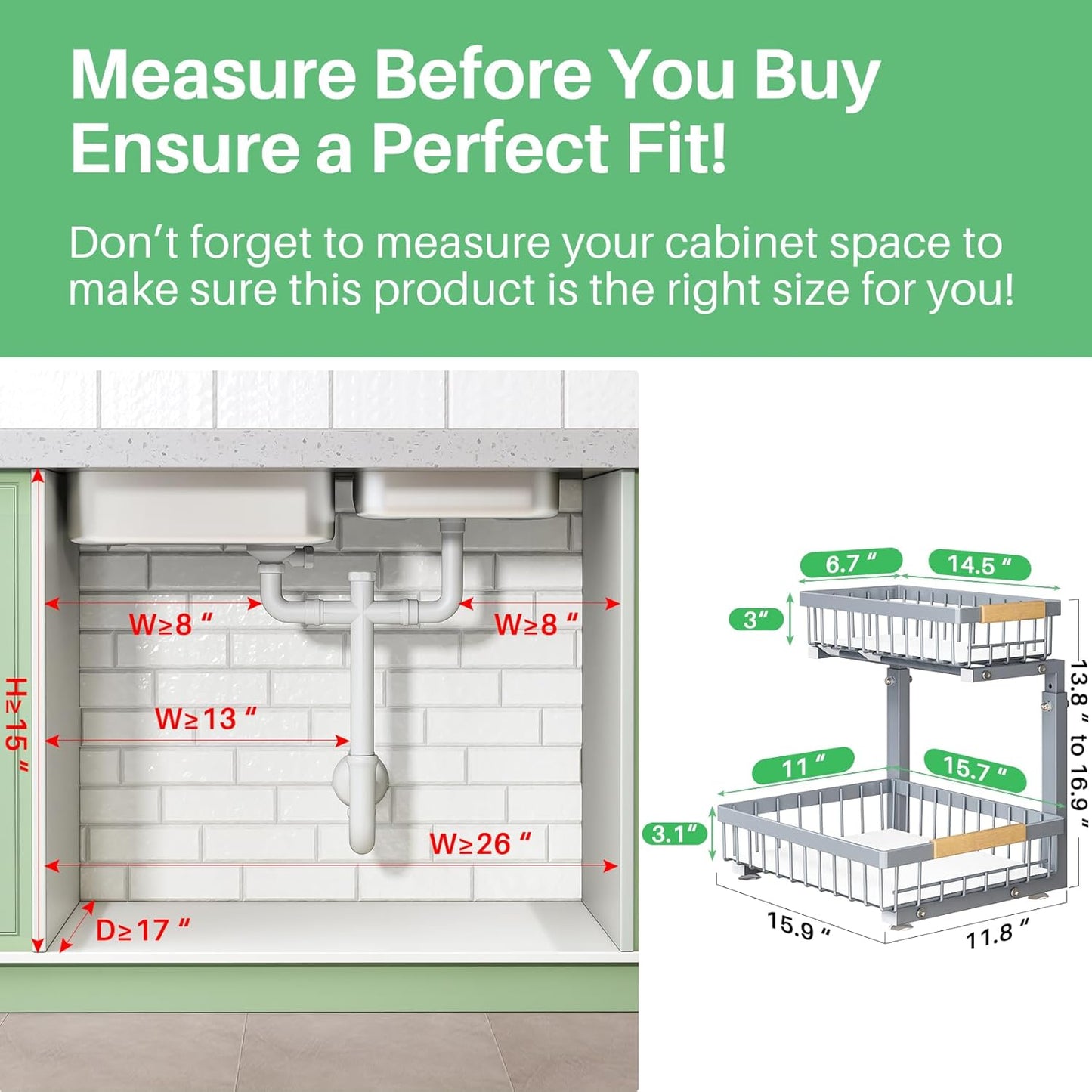 Pull out Cabinet Organizer, 1 Pack Under Sink Organizer, Slide out Metal Kitchen Cabinet Organizers Drawer Shelf, Sliding Storage Shelves for Kitchen Bathroom Pantry Closet Organization Rack(Grey)