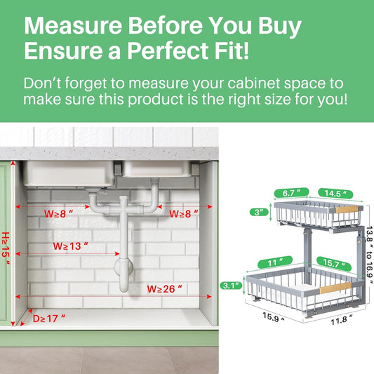Pull out Cabinet Organizer, 1 Pack Under Sink Organizer, Slide out Metal Kitchen Cabinet Organizers Drawer Shelf, Sliding Storage Shelves for Kitchen Bathroom Pantry Closet Organization Rack(Grey)