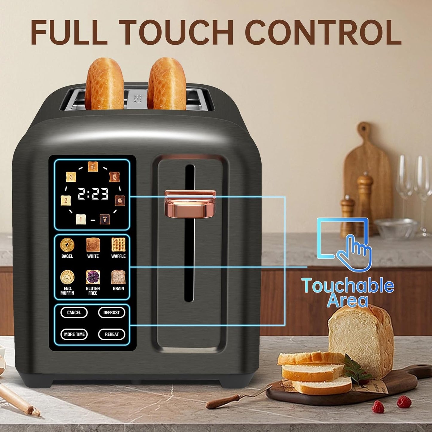 SEEDEEM Toaster 2 Slice, Touch Control Stainless Toaster LCD Display, 50% Faster Heating Speed, 1.4'' Wide Slots, More Timer Functions, Removable Crumb Tray, 1350W, Dark Metallic