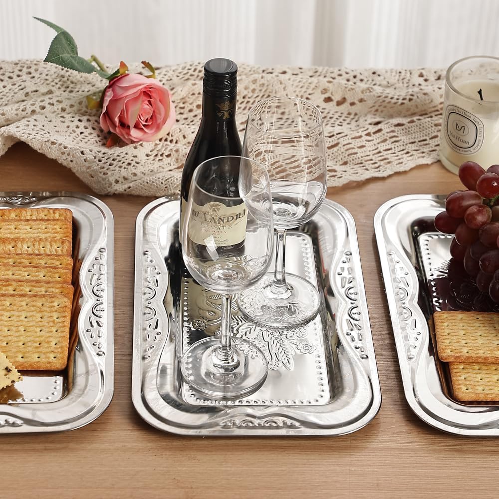 4-Pack Silver Serving Trays Set - ZENOVLUX Bow Floral Engraved Mirror Decorative Tray, 13.8" x 8.7" Party Platters for Whiskey, Cookies, Charcuterie, Snacks, Desserts, Fruit, Party Food Display