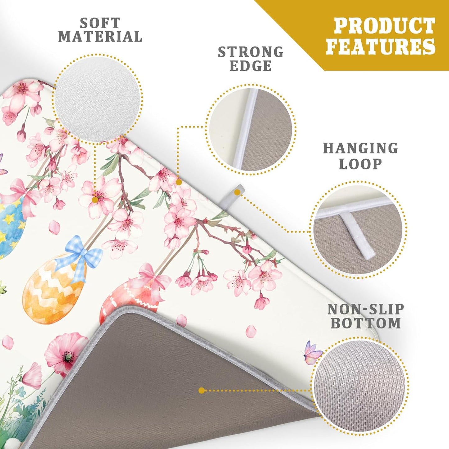 Giwawa Easter Bunny Dish Drying Mat, Spring Rabbits Eggs Hunt Dish Drainer Mats for Kitchen Countertop, Watercolor Floral Absorbent Reversible Dish Drying Pad Decor, 18x24inches, Large