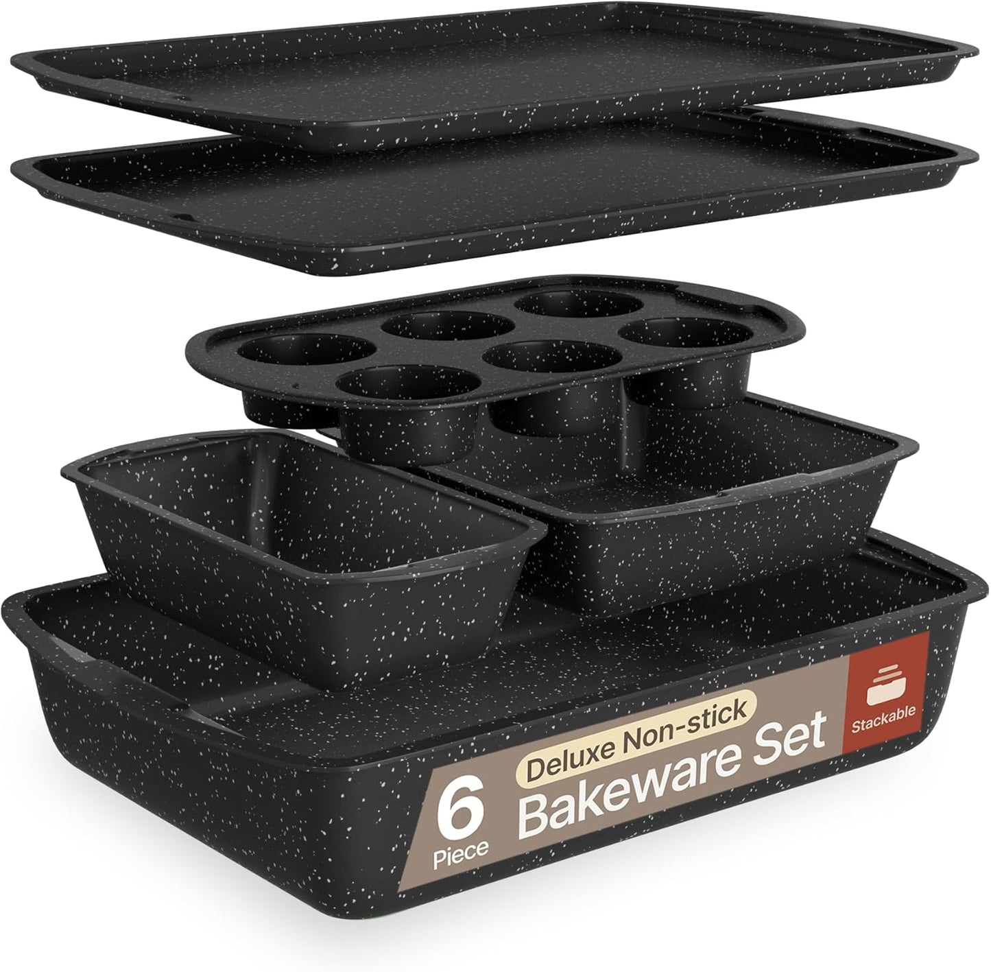 Bakken Swiss - Bakeware Set – 6 Piece – Stackable, Deluxe, Non-Stick Baking Pans for Professional and Home Cooking – Carbon Steel, Gray Stone Coating