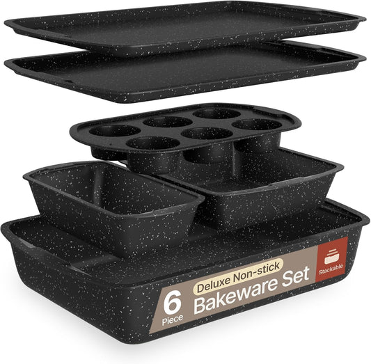 Bakken Swiss - Bakeware Set – 6 Piece – Stackable, Deluxe, Non-Stick Baking Pans for Professional and Home Cooking – Carbon Steel, Gray Stone Coating