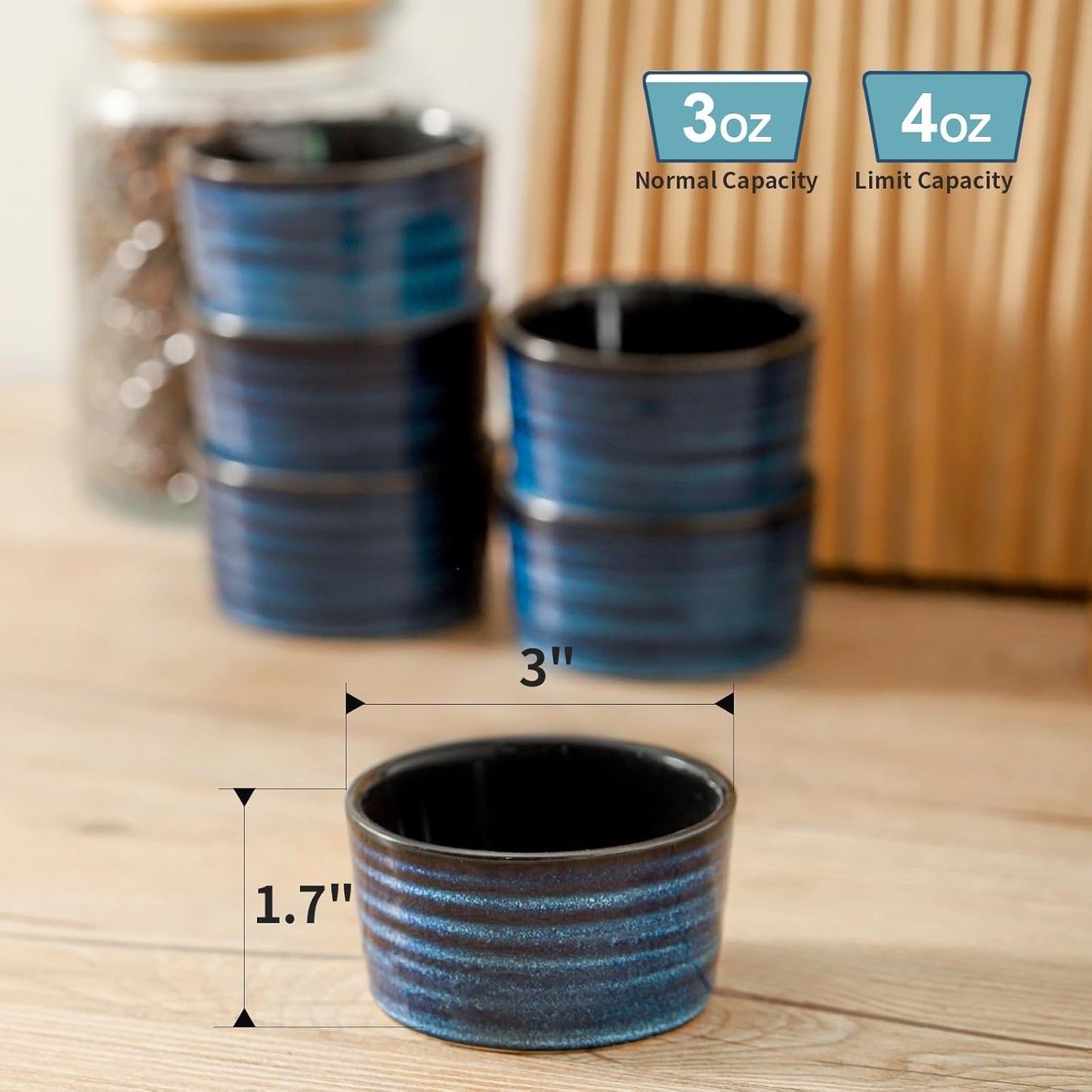 Hasense 4 oz Ramekins Oven Safe,Ceramic Creme Brulee Dish for Baking Set of 6,Porcelain Dipping Sauce Bowls for Pudding, Souffle,Serving Dip,Custard,Ice Cream(Blue)