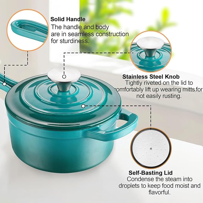 Enameled Cast Iron Sauce Pan, 1 Quart Enameled Saucepan with Lid, Mini Dutch Oven Enamel Saucepan for Cooking Pasta Sauce, Gravy, Puddings, Marinate, Boiling (Blue Green)