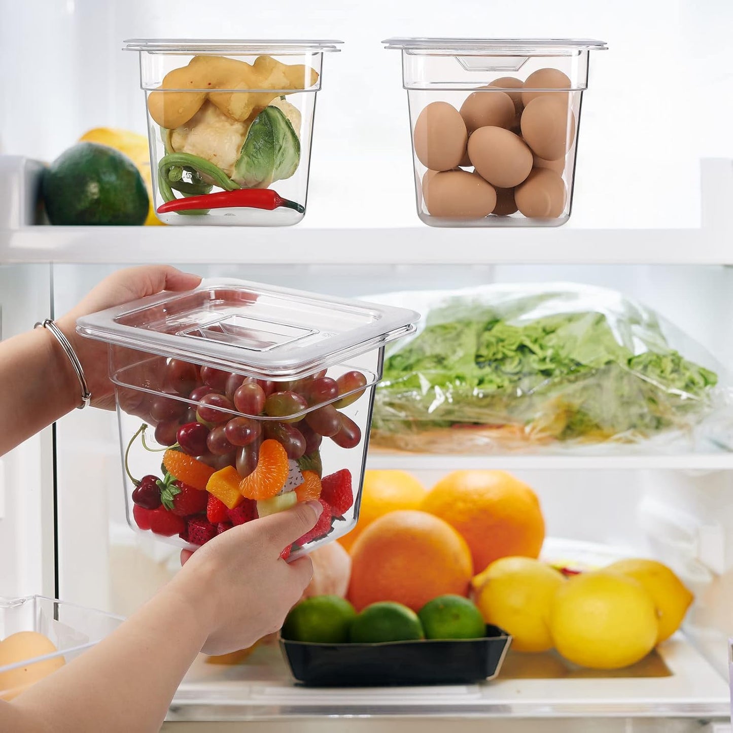 Sieral 8 Pcs 1/6 Size Food Containers with Lids - Clear Stackable Meal Prep Bins for Fridge Organization,Kitchen Storage,Bento,Baby Food,Microwave Safe (6 Inch,2 Quart)