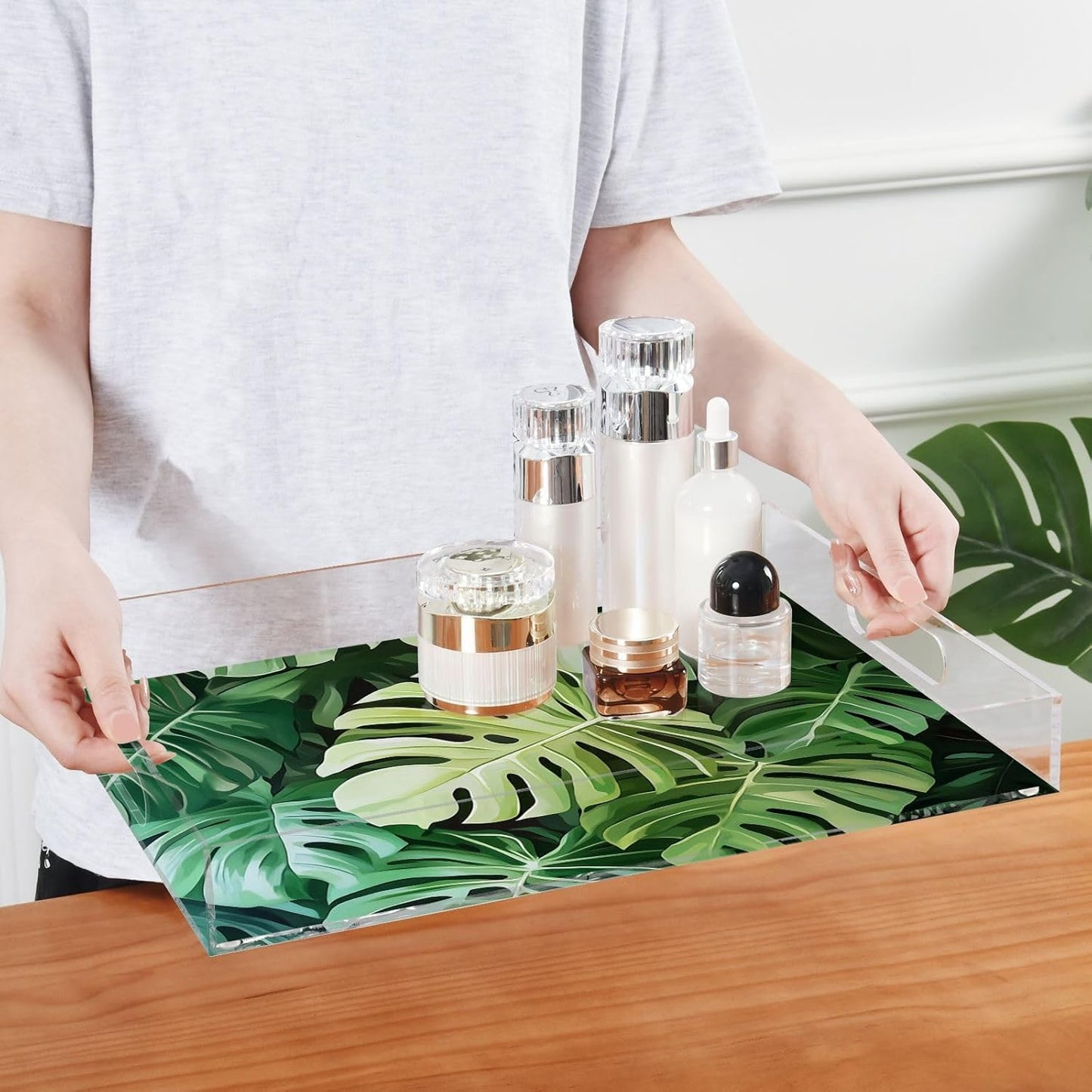 Acrylic Serving Tray with Handles Spill Proof Kitchen Storage Tray Clear Decorative Tray Makeup Drawer Organizer Storage Tray for Bathroom Living Room Ottoman 15.7x11.8Inches