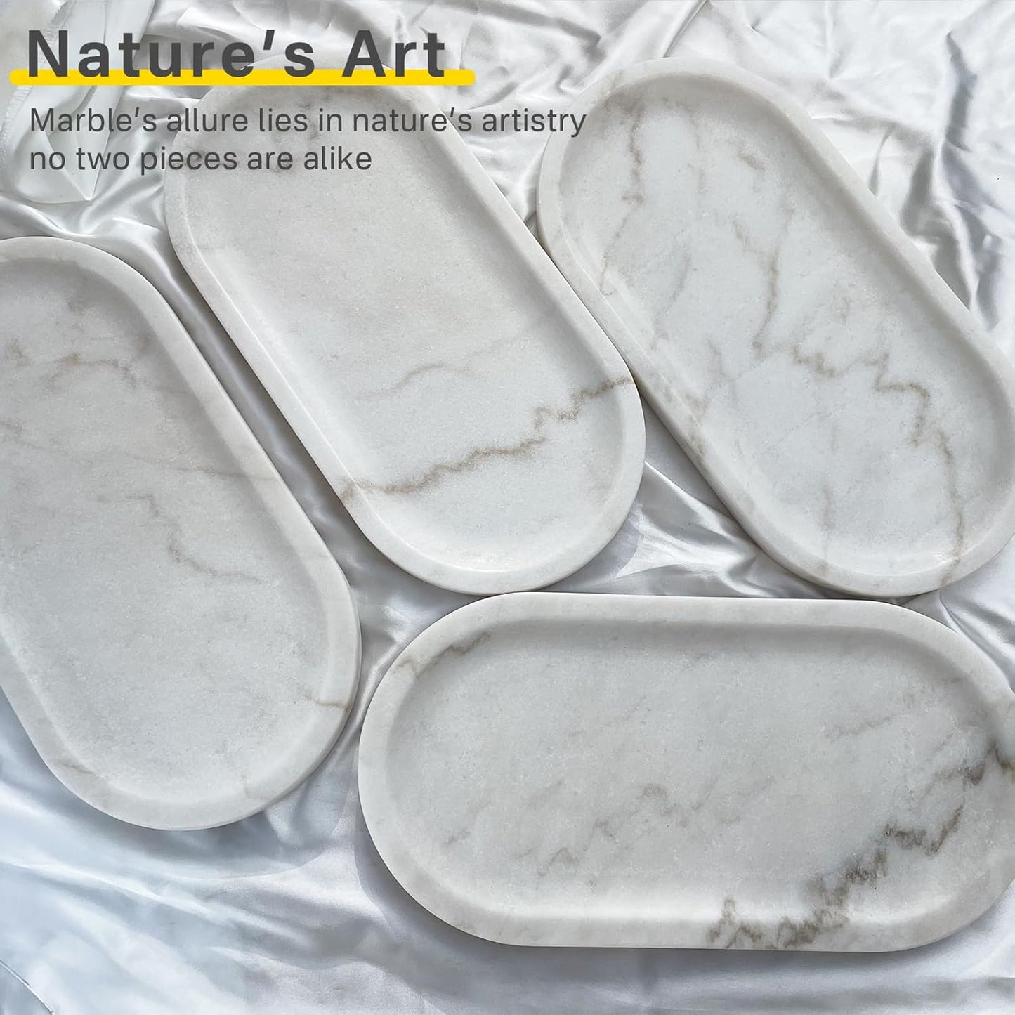 Natural Marble Tray, Stone Vanity Tray for Bathroom & Kitchen Countertop - Organizer for Perfume, Jewelry, Cosmetics 12x6 Inch,White