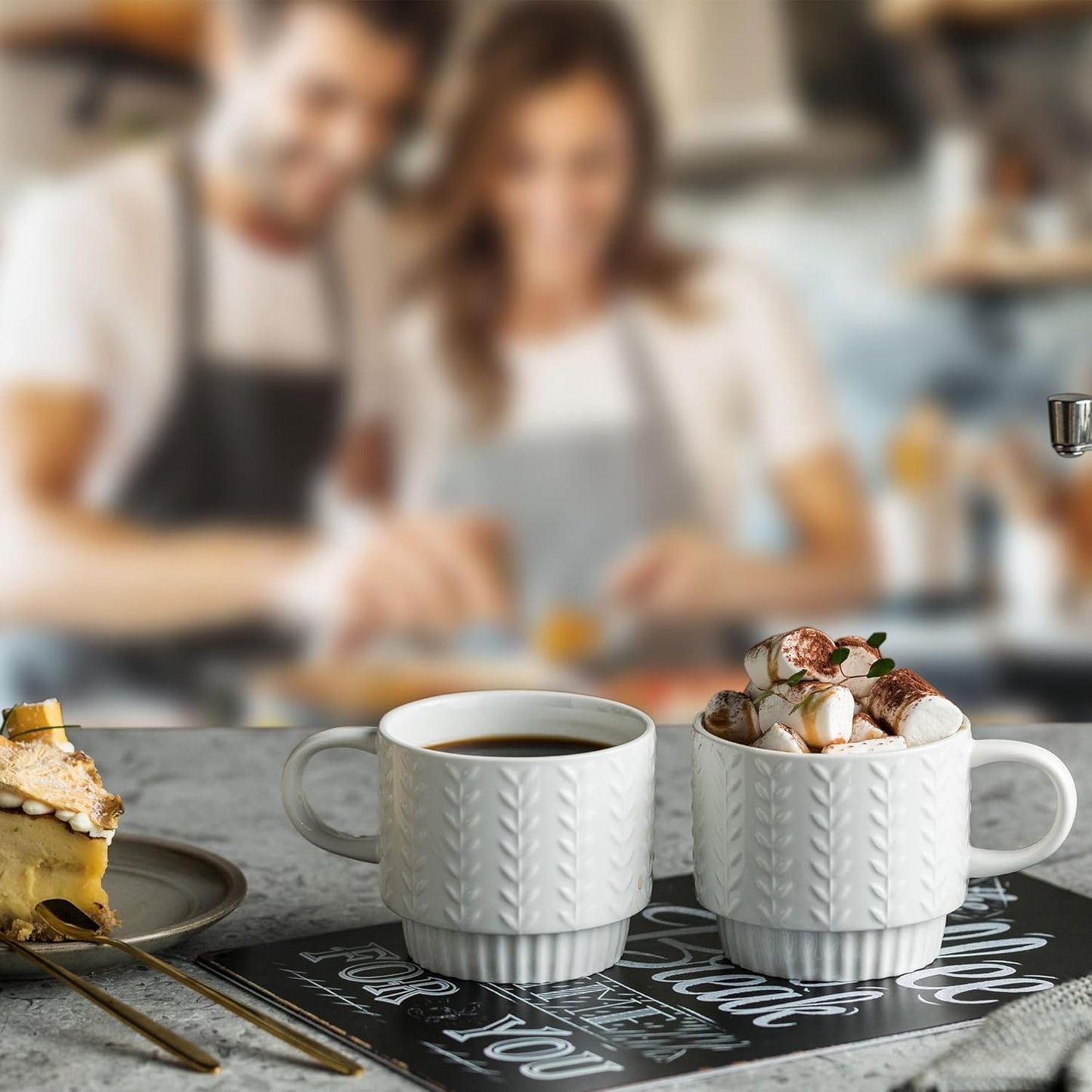 Stackable Coffee Mugs, Coffee Mug Set of 4 with Spoons & Stand, 13oz Espresso Cups for Drinks Latte Cappuccino Tea, Coffee Cup for Housewarming Birthday Gift, Dishwasher Safe, White