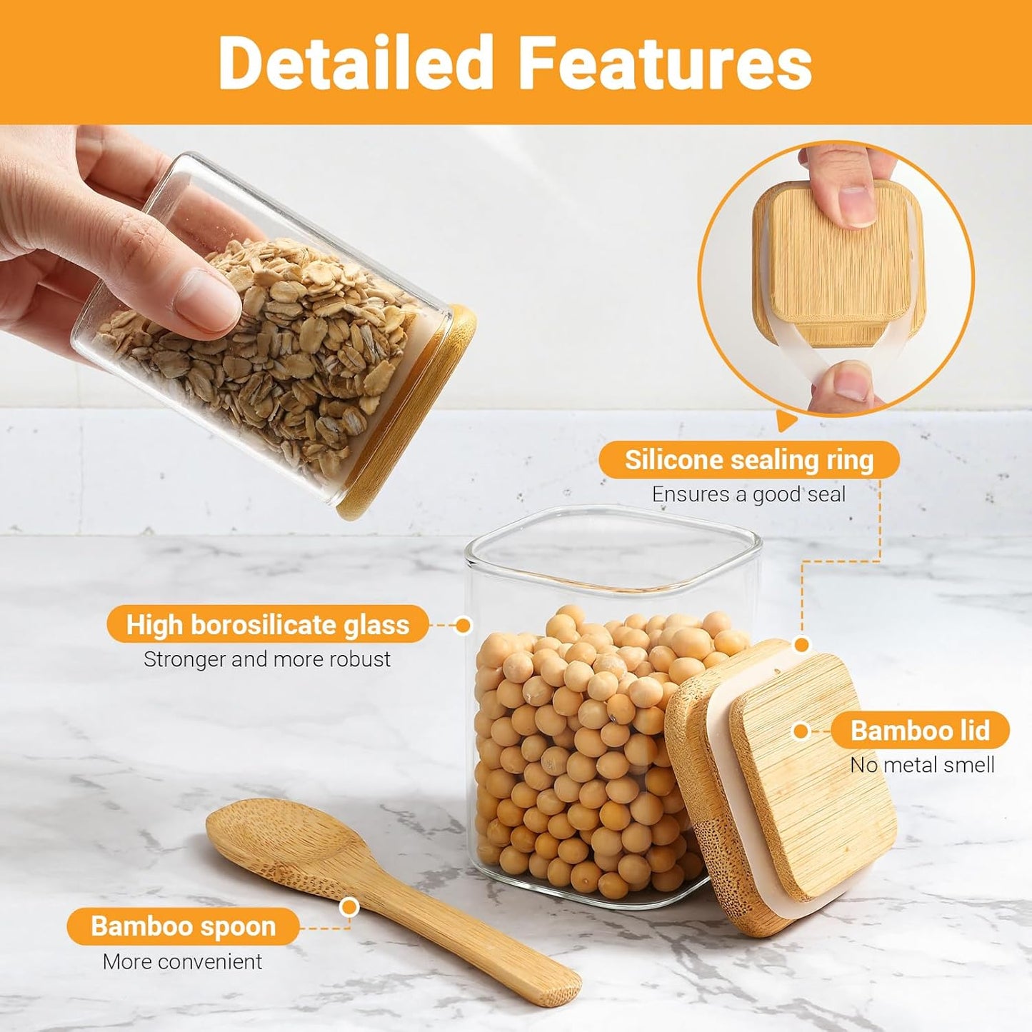 Square Glass Storage Jars, 2 Pack 6 Fl.oz Glass Jars with Bamboo Lids, Clear Spice Canister Stackable Sugar Coffee Containers for Candy Loose Tea Oats - Set Included Labels, Spoon and Marker