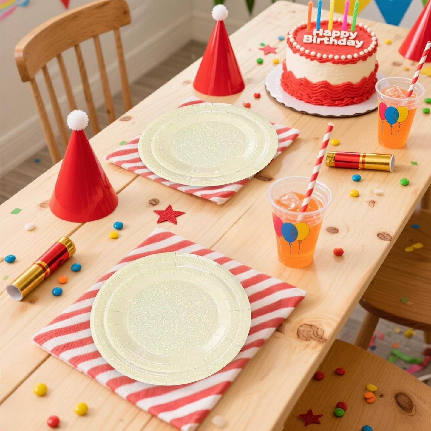 50 Pcs Iridescent Ivory Paper Plates 25 × 7'' and 25 × 9'' Disposable Ivory Shiny Holographic Foil Dinner Plates for Wedding Baby Shower Birthday Disco Party Glitter Dessert Plate