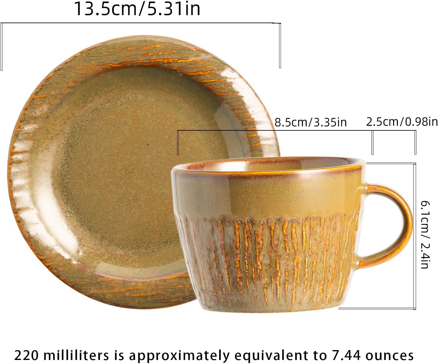 7.4oz Espresso Cups Set of 4 - Ceramic Cappuccino Cups with Saucers - Microwave and Dishwasher Safe, Perfect For Tea, Latte - Porcelain Drinkware for Kitchen or Cafe (brown)