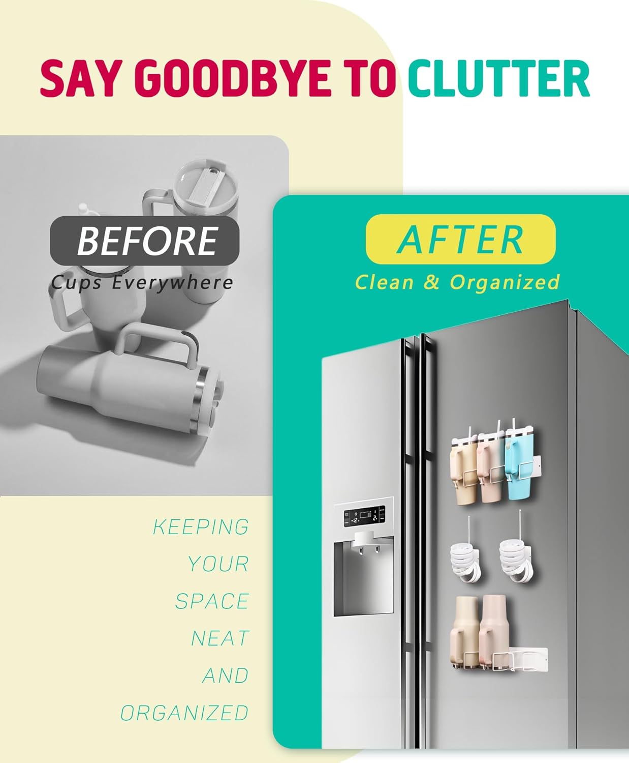 Magnetic Tumbler Holder for Stanley, Magnetic Cup Organizer for Refrigerator, Compatible with Stanley 30oz & 40oz Tumblers, Water Bottle Magnetic Rack (White, 6 Tumblers& 2 Lid Holder)