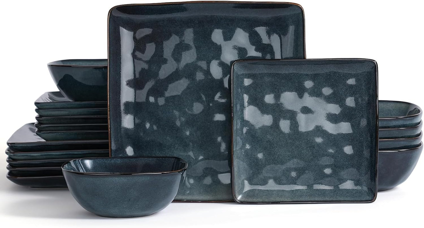 Famiware Ocean Square Plates and Bowls Set, 18 Pieces Dinnerware Sets, Dishes Set for 6, Microwave and Dishwasher Safe, Scratch Resistant, Deep Forest