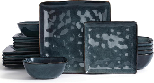 Famiware Ocean Square Plates and Bowls Set, 18 Pieces Dinnerware Sets, Dishes Set for 6, Microwave and Dishwasher Safe, Scratch Resistant, Deep Forest