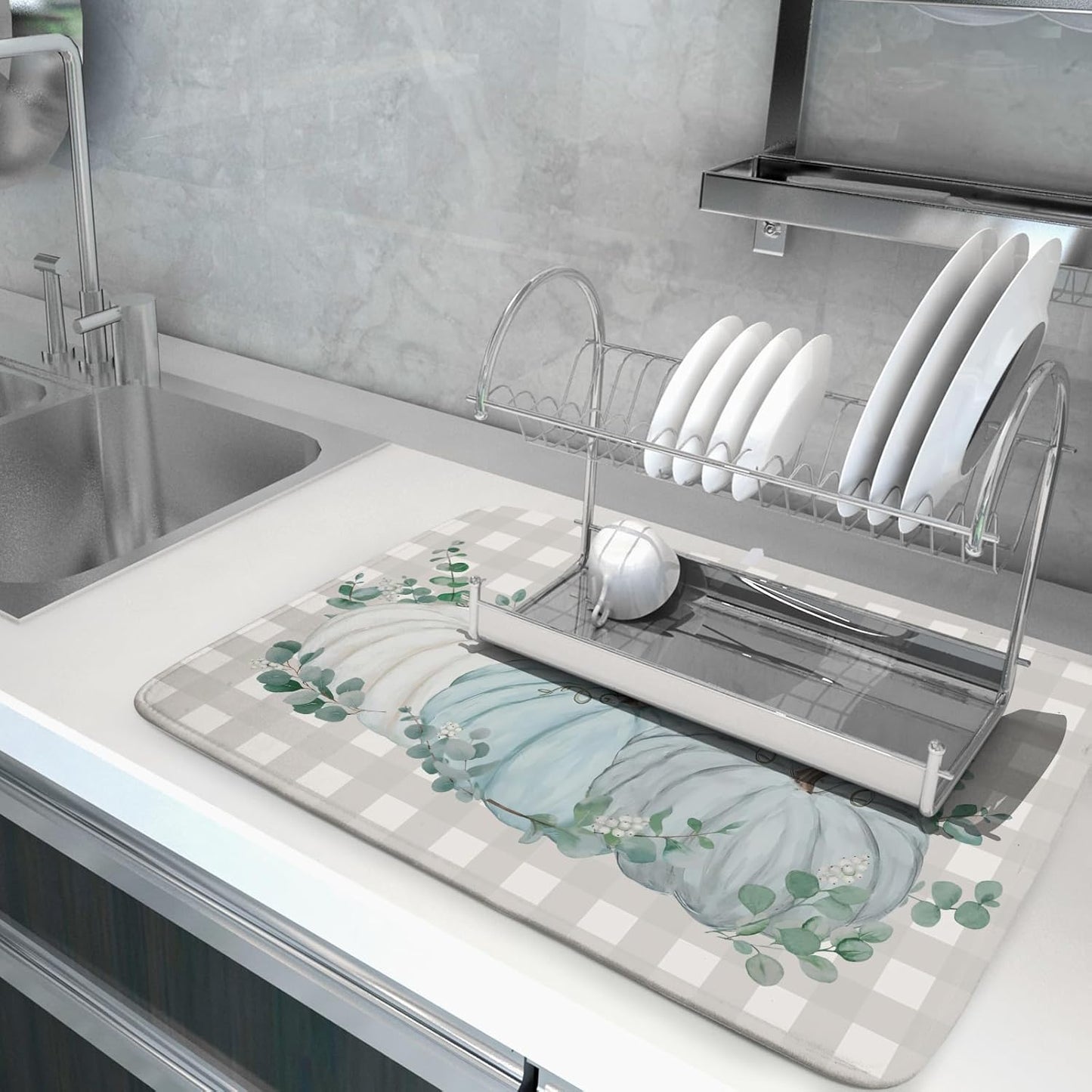 Fall Drying Mats for Kitchen Counter 18×24 Inch Large Microfiber Drying Mat Blue White Pumpkin Thanksgiving Harvest Festival Kitchen Decor Accessories Dish Rack Mat Drainer Pad Washable Absorbent