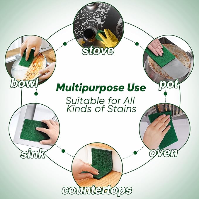 HOMEXCEL Heavy Duty Scouring Pad, 24 Pack Green Scrubbing Pads, Dish Scrubber Reusable for Cleaning, Multipurpose Scrub Pads for Household Kitchen Dishes Pots Pans & Metal Grill