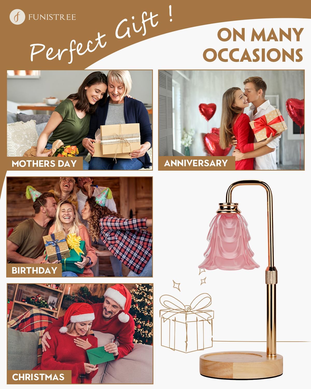 Small Candle Warmer Lamp with Timer, Adjustable Pink Flower Candle Heat Lamp, Unique Women's Gifts for Birthday, Dimmable Candles Heater, Christmas Gifts, Fashion Wax Warming Light with Wood Base