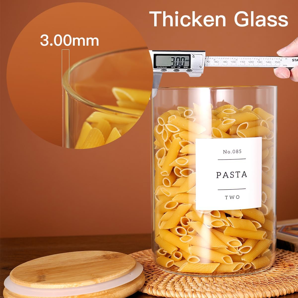 Set of 6 Glass Flour and Sugar jars with 132 Kitchen Pantry Labels - Thicken Large Glass Storage containers with Airtight Bamboo Lid - Rice Canisters for Salt Coffee(100OZ/54OZ/27OZ)