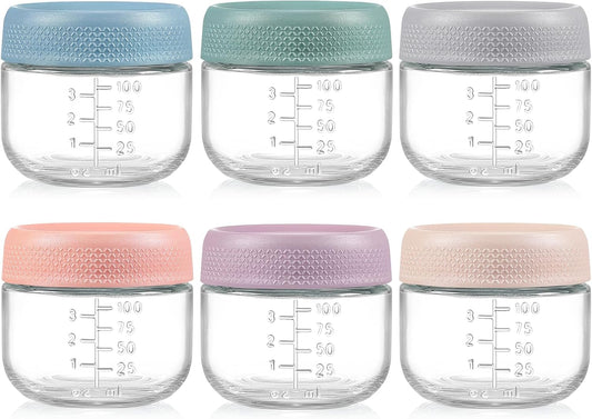 NETANY 6 Pack 4 oz Glass Baby jars with Airtight Lids, Glass Baby Food Storage Containers,Overnight Oats Containers with Lids | Microwave, Dishwasher & Freezer Safe | Includes 10 Labels
