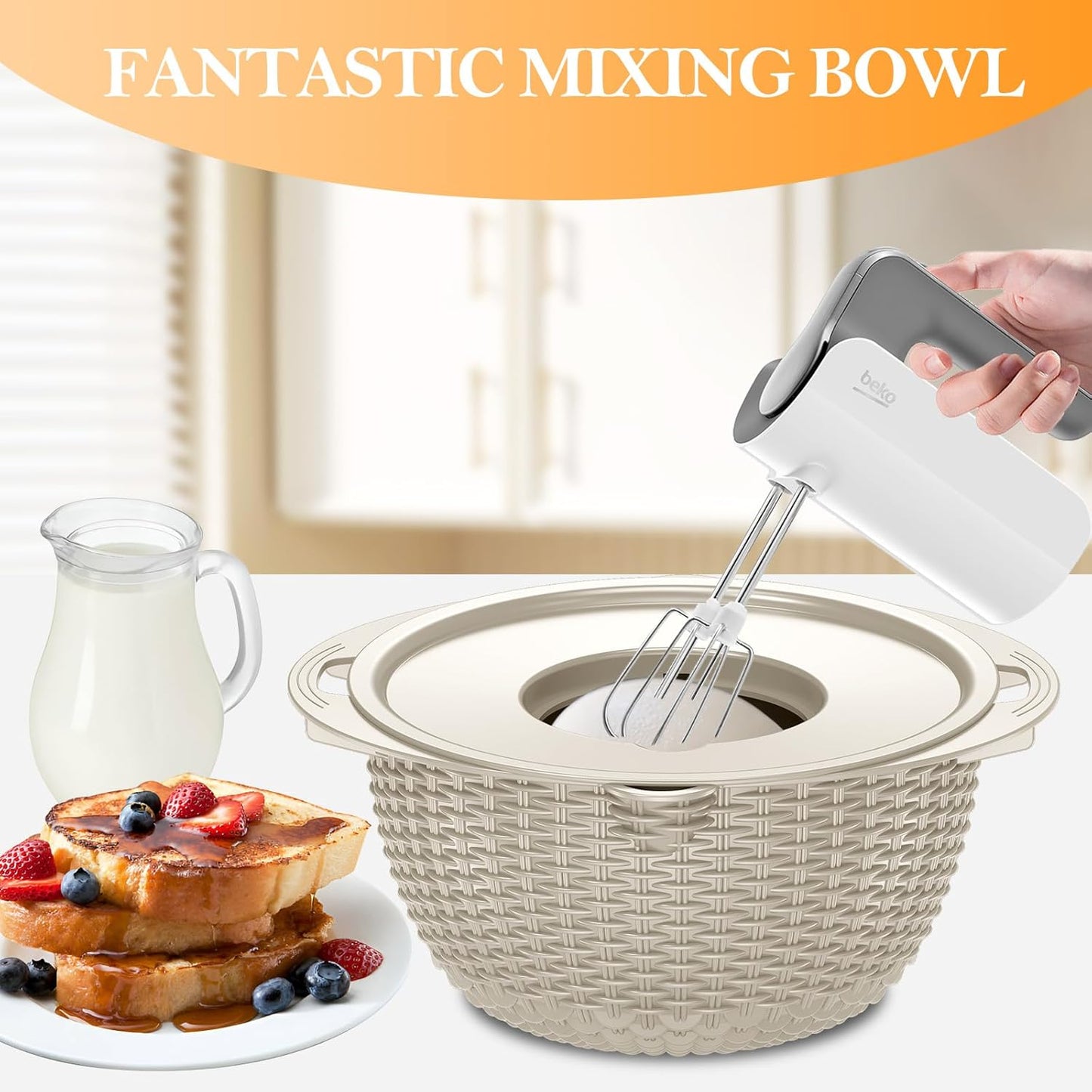 4-1 Colander with Bowl Set, Food Strainers and Colanders, Fruit Washing Bowl with Strainer, Rotatable Colander for Kitchen, Aesthetic Kitchen Gadget - Beige