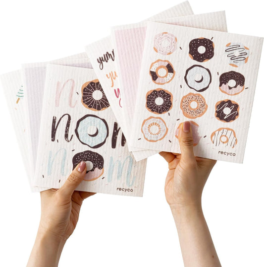 RECYCO Swedish Dishcloths for Kitchen | 6 Pack Sugar Rush Washable Dish Rags | Cellulose Reusable Cleaning Paper Towels | Absorbent Counter Dish Cloth Sponge Kitchen Wipes, 8" L x 7" W