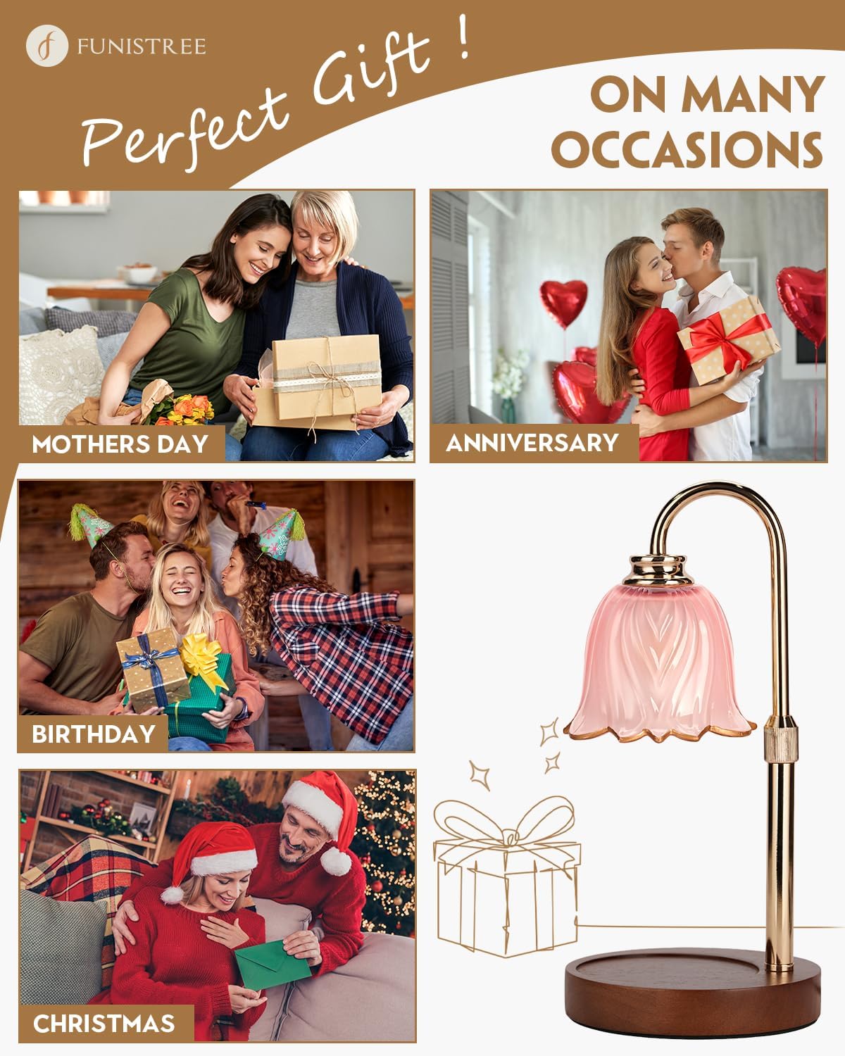 Candle Warmer Lamp, Gold Candle Lamp Warmer with Timer & Dimmer with 2 Bulbs, Birthday Gifts for Mom, Christmas Gifts for Women, New Home Bedroom Decor, Height Adjustable