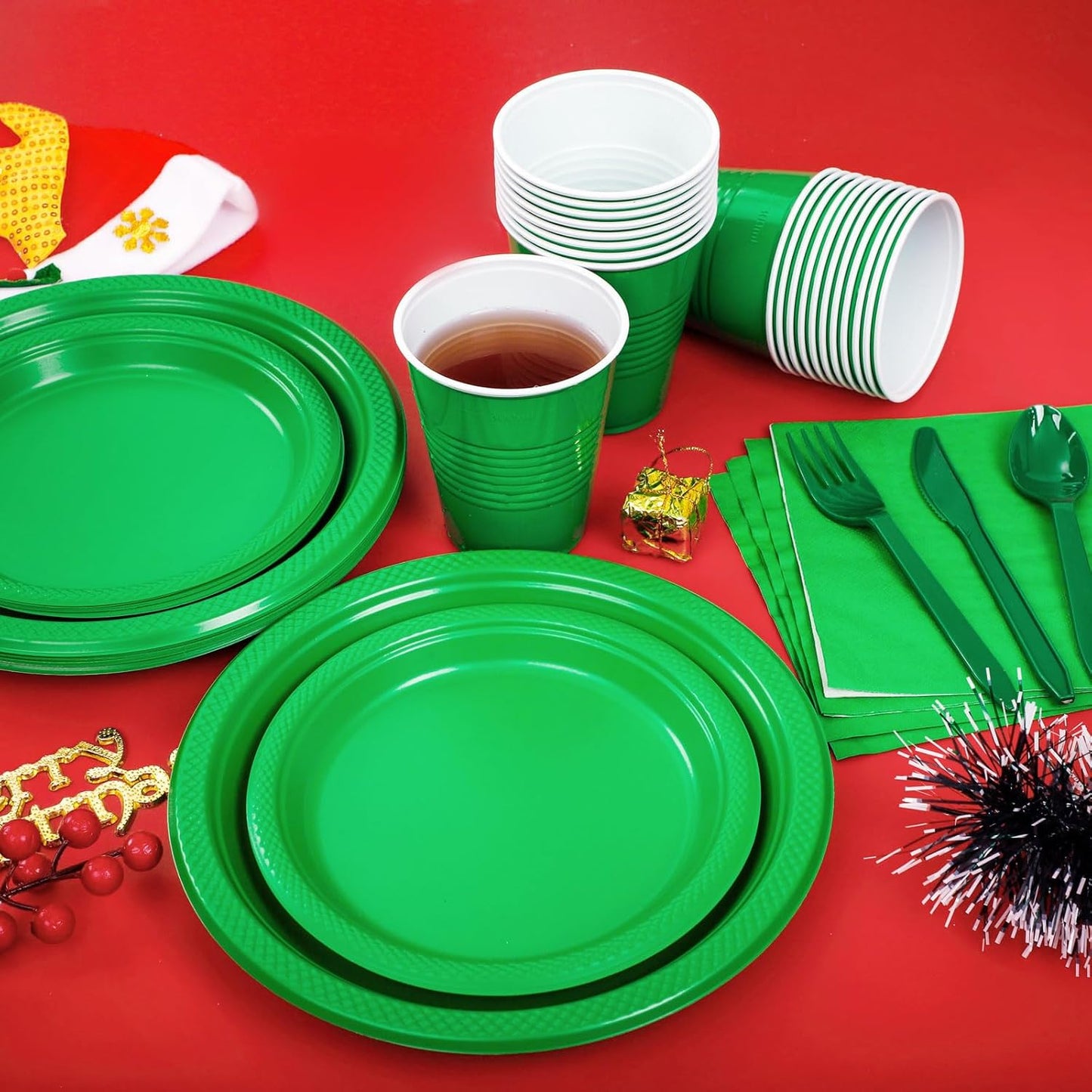 WELLIFE 210Pcs Green Plastic Plates,Disposable Dinnerware Set,Party Supplies Including Green pates, 12OZ Cups, plastic Cutlery and Napkins Serve 30 Guests, Plastic Plates for Party