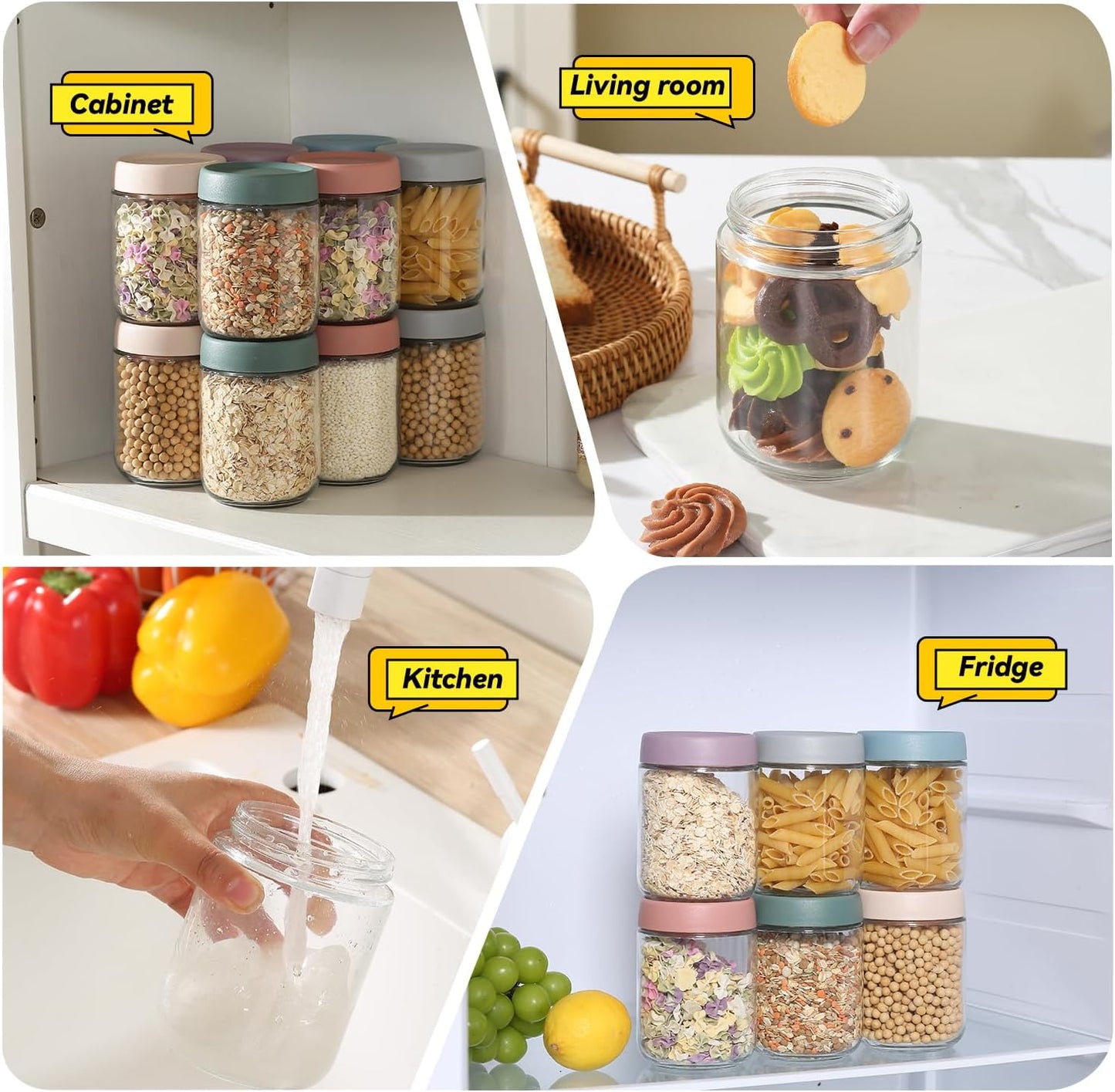 16Oz Overnight Oats Containers 16 OZ Mason Food Jars With lid Wide Mouth Glass Food Storage For Oats Yogurt Vegetable and Fruit Salad Spices Jam (12 Pack Color Lid)