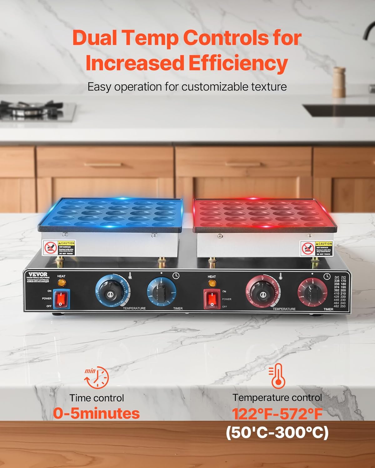 VEVOR 50PCS Mini Dutch Pancake Maker, Non-stick Stainless Steel Dorayaki Baker, 1800W Commercial Electric Poffertjes Grill Pan, Dual Temp & Time Control, for Kitchen Restaurant Breakfast Dessert