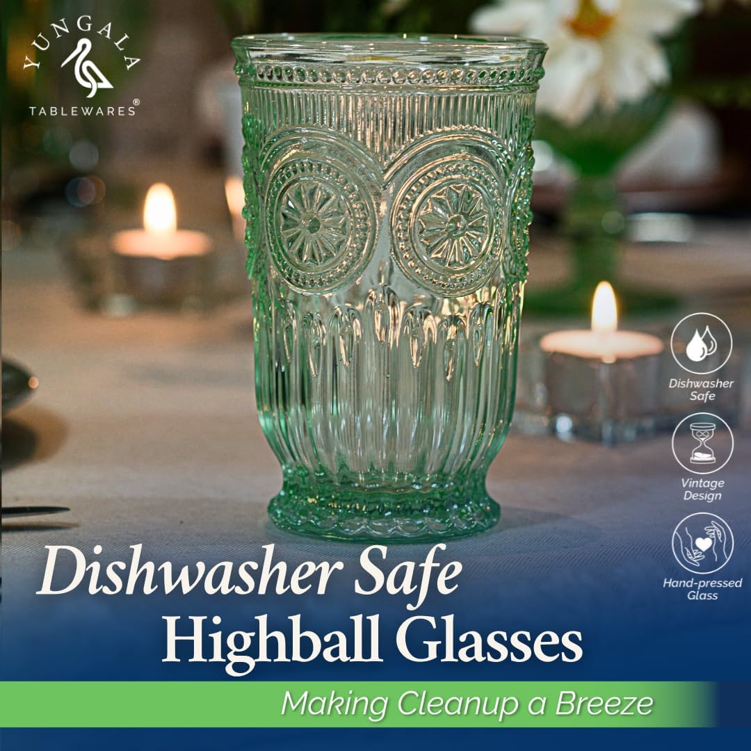 Yungala Green Highball Glasses set of 6 green glassware cups for water or cocktails, vintage design green drinking glasses