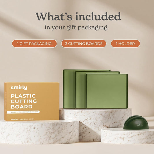 SMIRLY Plastic Cutting Board Set with Holder 3 Pieces, Non-Slip Dishwasher Safe Chopping Boards for Kitchen, Green